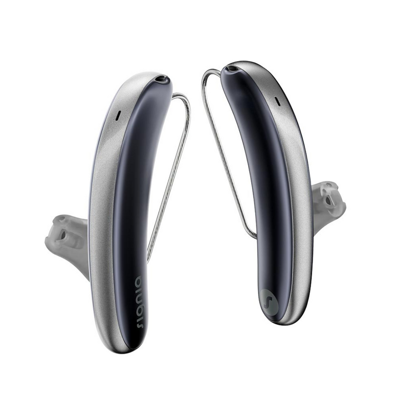A pair of aesthetic blue and silver Signia Styletto 3AX/7AX hearing aids