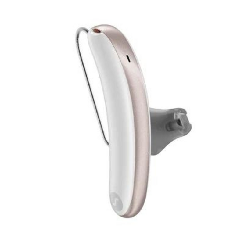 A pair of aesthetic white and rose Signia Styletto 3AX/7AX hearing aids