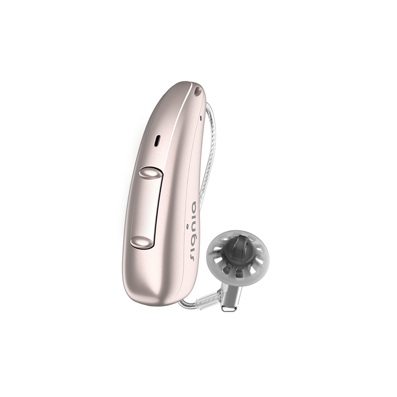 A single rose gold hearing aid, discreet Signia Charge and Go 3AX 7AXi