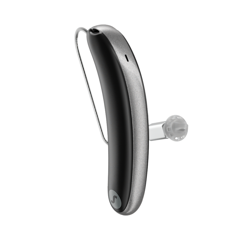 A pair of aesthetic black and silver Signia Styletto 3AX hearing aids