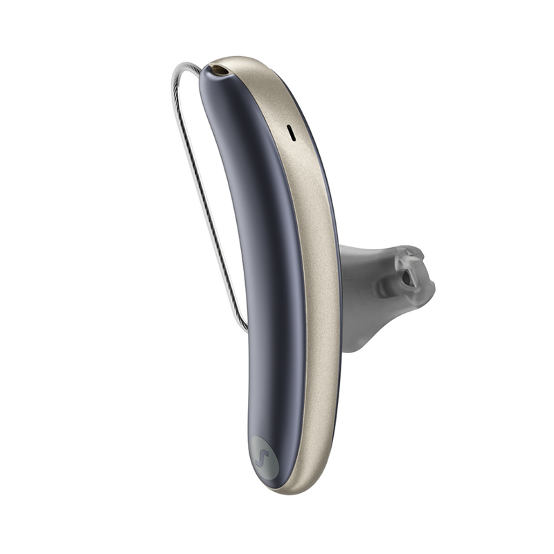 A pair of aesthetic blue and gold Signia Styletto 3AX hearing aids
