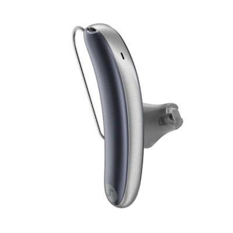 A pair of aesthetic blue and silver Signia Styletto 3AX hearing aids