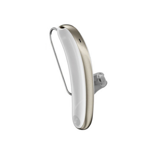 A pair of white and gold aesthetic Signia Styletto 3AX hearing aids