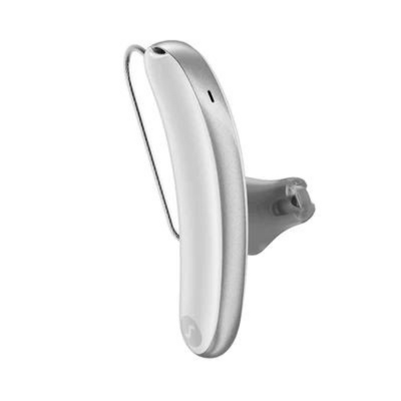 A pair of aesthetic white and silver Signia Styletto 3AX hearing aids