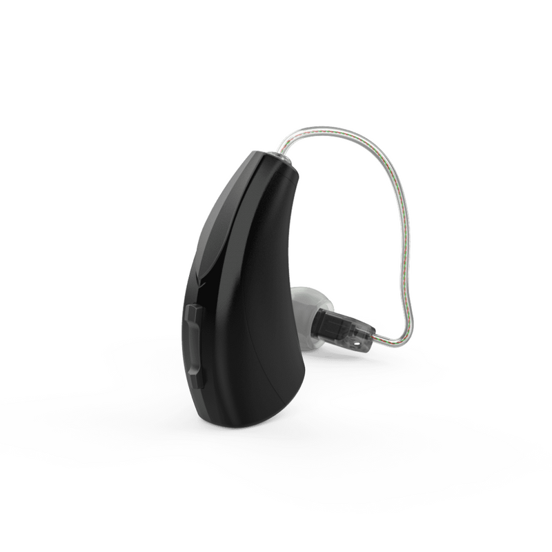 A pair of black aesthetic Starkey Evolv AI RIC R hearing aids with a zoom on the product