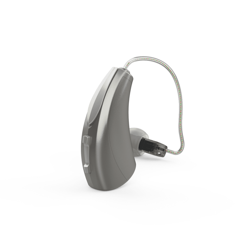A Single pair of grey aesthetic Starkey Evolv AI RIC R hearing aids with a zoom on the product