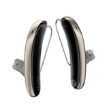 A pair of aesthetic black and gold Signia Styletto 3AX/7AX hearing aids