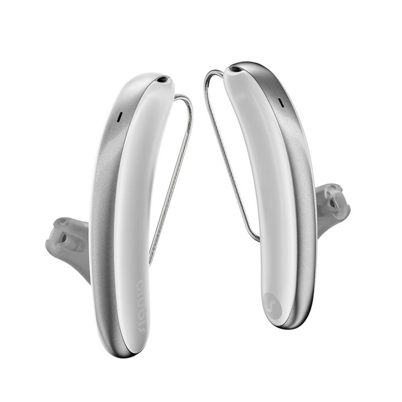 A pair of aesthetic white and silver Signia Styletto 3AX/7AX hearing aids