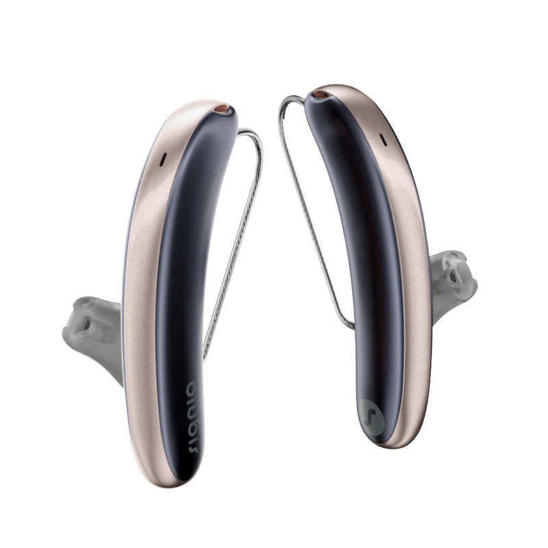 A pair of aesthetic blue and rose Signia Styletto 3AX/7AX hearing aids