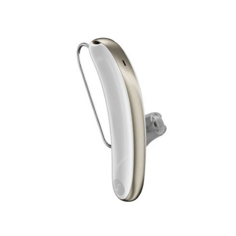 A pair of white and gold aesthetic Signia Styletto 3AX/7AX hearing aids