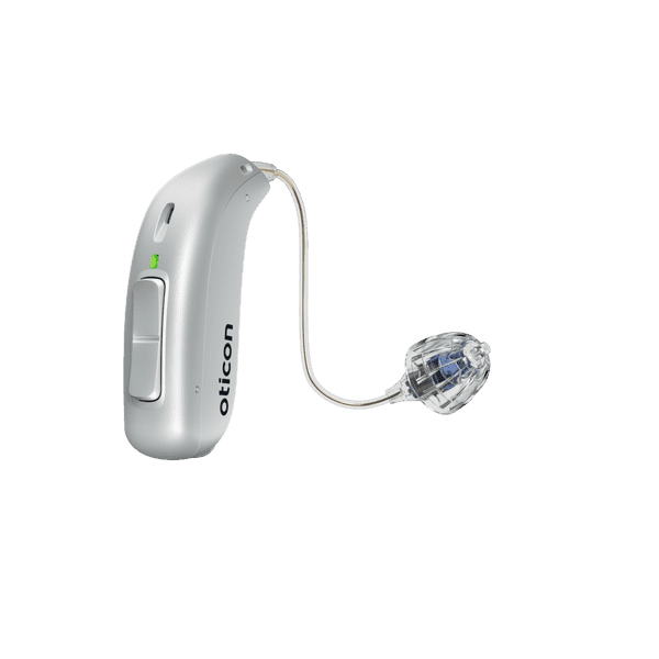 Appareil auditif Oticon More, modèle miniRITE R, aide auditive pour l'oreille gauche et droite, couleur argent, LED verte, haut-parleur 60, Open Bass Dôme Appareils auditifs avec service illimité Auzen