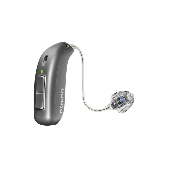 Appareil auditif Oticon More, modèle miniRITE R, aide auditive pour l'oreille gauche et droite, couleur gris foncé, LED verte, haut-parleur 60, Open Bass Dôme Aides auditives avec service illimité Auzen