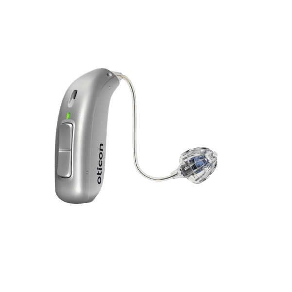 Appareil auditif Oticon More, modèle miniRITE R, aide auditive pour l'oreille gauche et droite, couleur gris clair, LED verte, haut-parleur 60, Open Bass Dôme Aides auditives avec service illimité Auzen