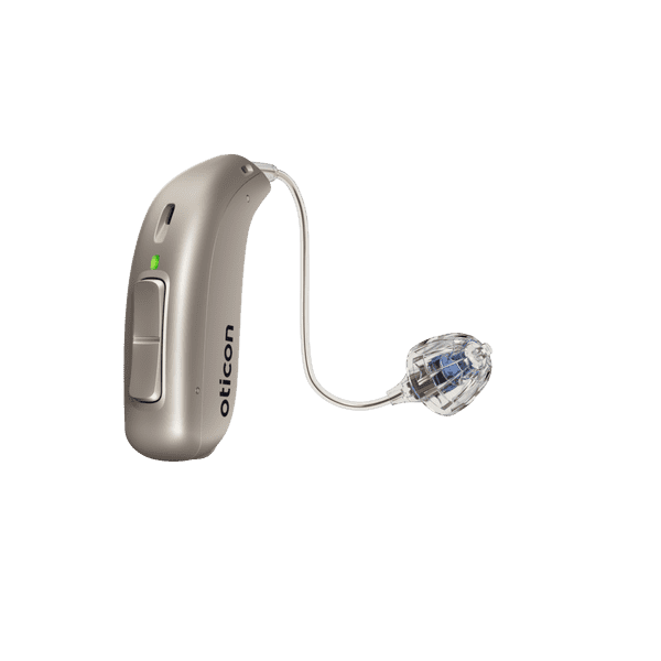 Appareil auditif Oticon More, modèle miniRITE R, appareil auditif pour l'oreille gauche et droite, couleur beige, LED verte, haut-parleur 60, appareil auditif Open Bass Dôme avec service illimité Auzen