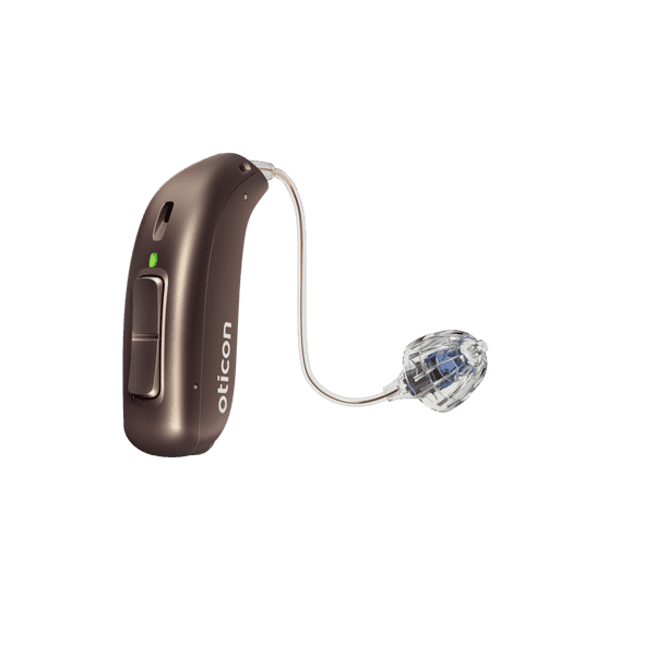 Appareil auditif Oticon More, modèle miniRITE R, aide auditive pour l'oreille gauche et droite, couleur marron Chestnut, LED verte, haut-parleur 60, Open Bass Dôme Aides auditives avec service illimité Auzen