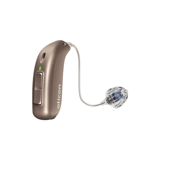 Appareil auditif Oticon More, modèle miniRITE R, aide auditive pour l'oreille gauche et droite, couleur marron clair, LED verte, haut-parleur 60, appareil auditif Open Bass Dôme avec service illimité Auzen