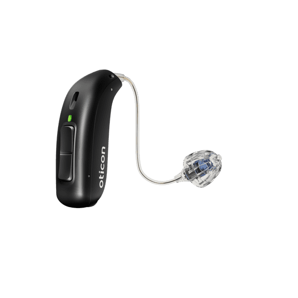 Appareil auditif Oticon More, modèle miniRITE R, aide auditive pour l'oreille gauche et droite, couleur noire, LED verte, haut-parleur 60, Open Bass Dôme Aides auditives avec service illimité Auzen