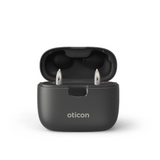 Oticon SmartCharger, picture from front, charger opened, grey hearing aids, Lid, LED, Hearing Aids with Auzen unlimited service 