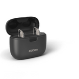 Oticon SmartCharger, picture taken from an angle, Oticon More, model miniRITE R Hearing Aids with Auzen unlimited service