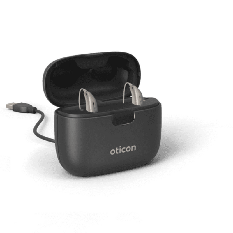 Oticon SmartCharger with a cable, picture taken from an angle, Oticon More, model miniRITE R Hearing Aids with Auzen unlimited service