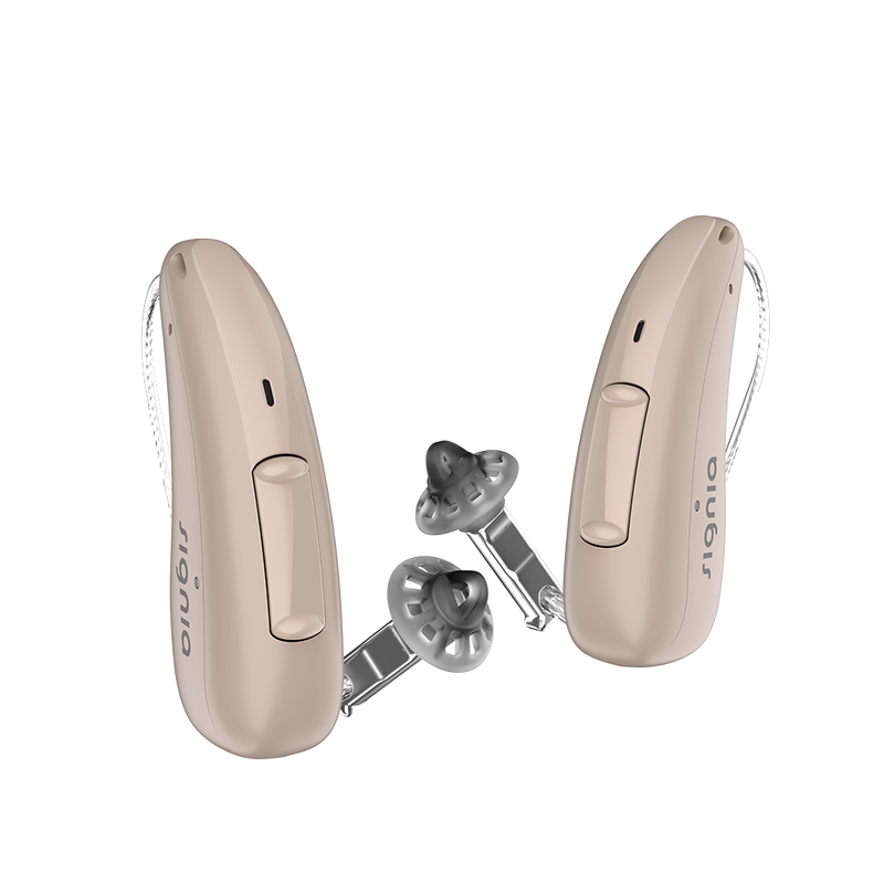 A pair of discreet beige Signia Charge and Go 3AX 7AX hearing aids profile