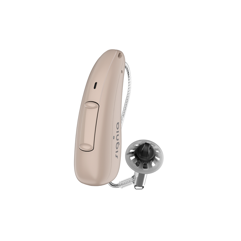 A single beige hearing aid, discreet Signia Charge and Go 3AX 7AX