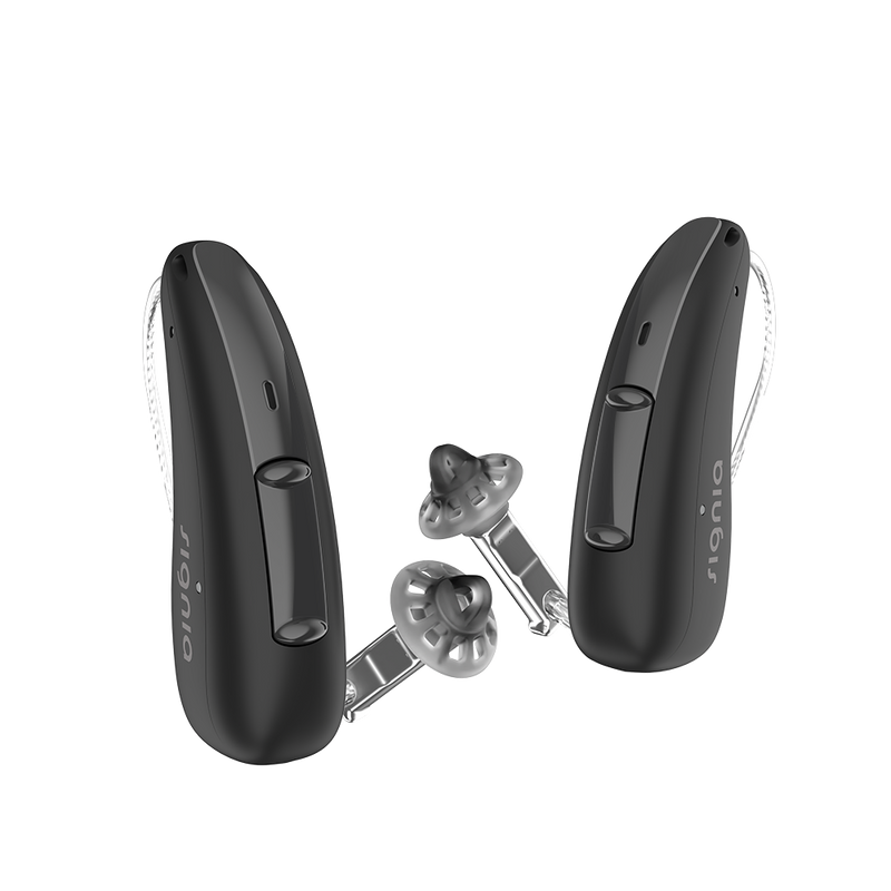 A pair of discreet black Signia Charge and Go 3AX 7AX hearing aids profile