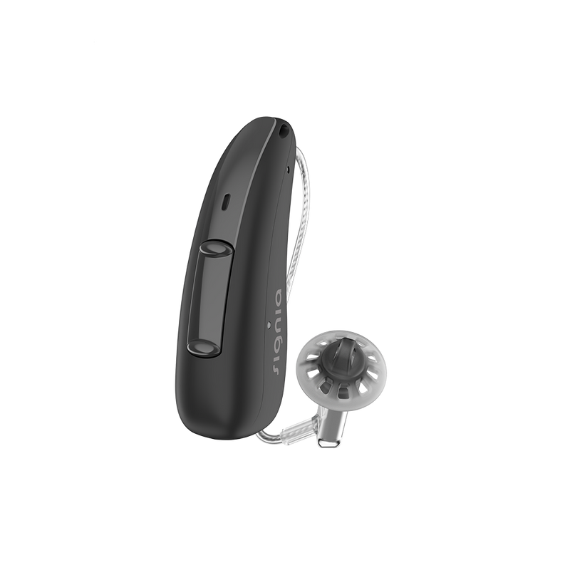 A single black hearing aid, discreet Signia Charge and Go 3AX 7AX