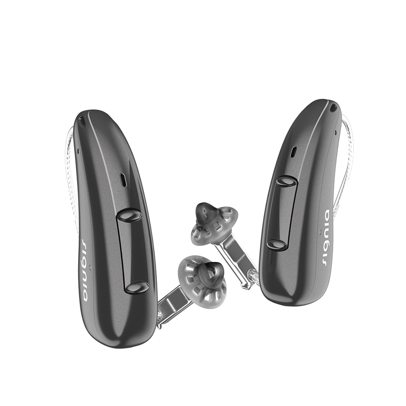 A pair of discreet graphite Signia Charge and Go 3AX 7AX hearing aids profil