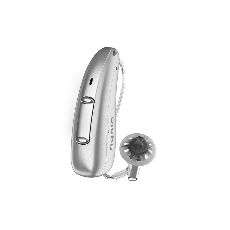 A single silver hearing aid, discreet Signia Charge and Go 3AX 7AX