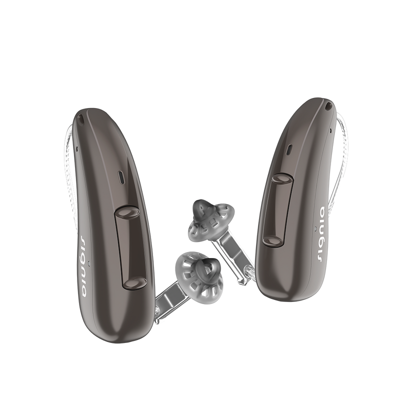 A pair of discreet deep brown Signia Charge and Go 3AX 7AX hearing aids profile