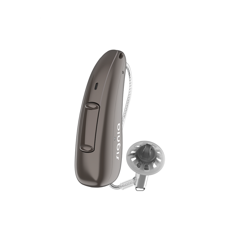 A single deep brown hearing aid, discreet Signia Charge and Go 3AX 7AX