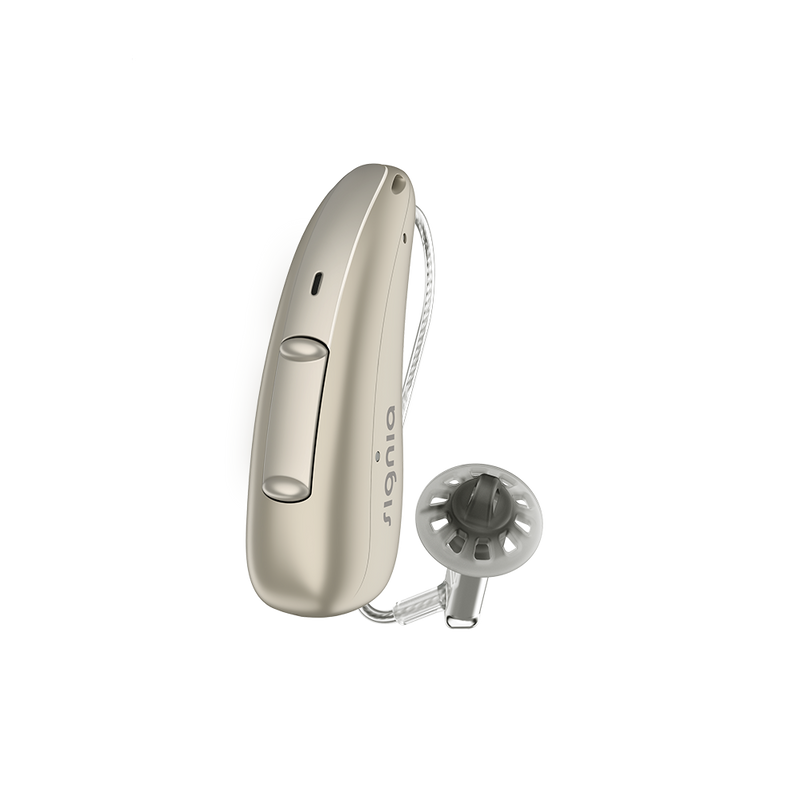 A single gold hearing aid, discreet Signia Charge and Go 3AX 7AX