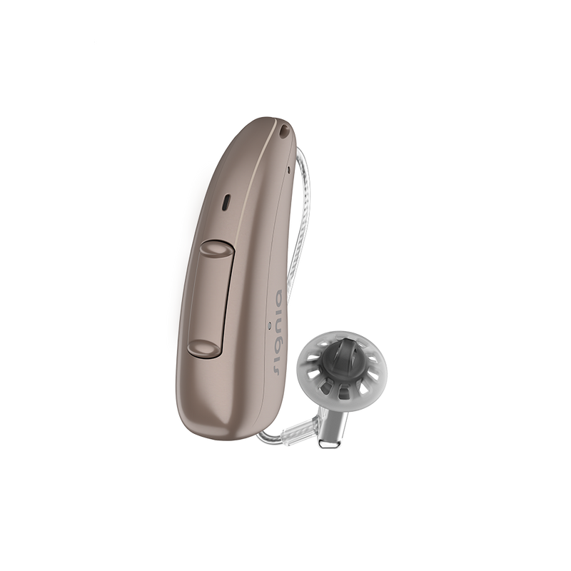 A single sandy brown hearing aid, discreet Signia Charge and Go 3AX 7AXi