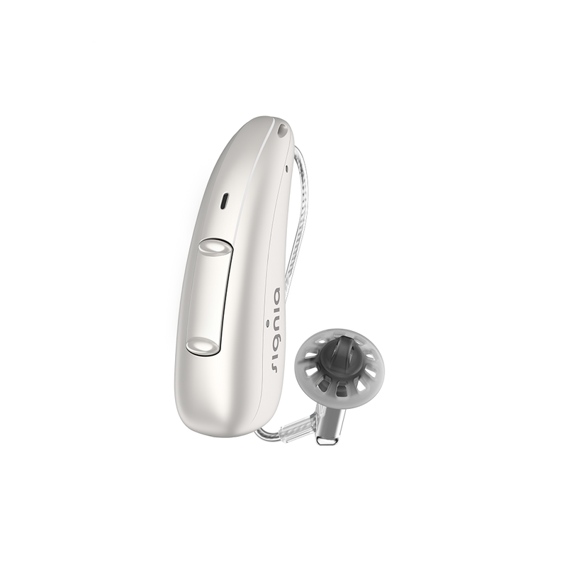 A single white hearing aid, discreet Signia Charge and Go 3AX 7AX