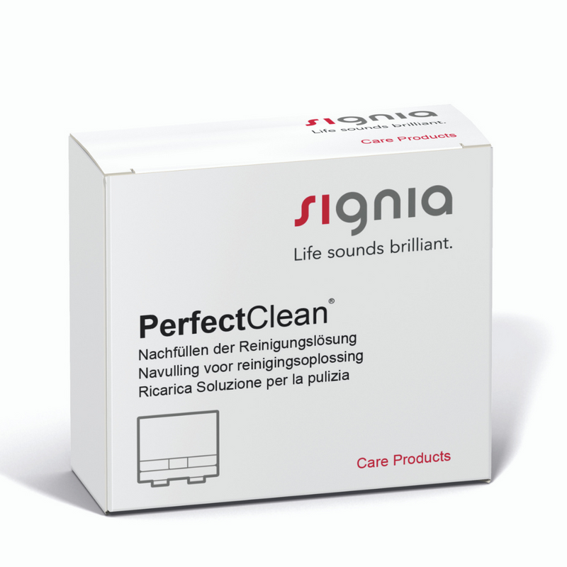 A box of Signia PerfectClean cleaning solution.