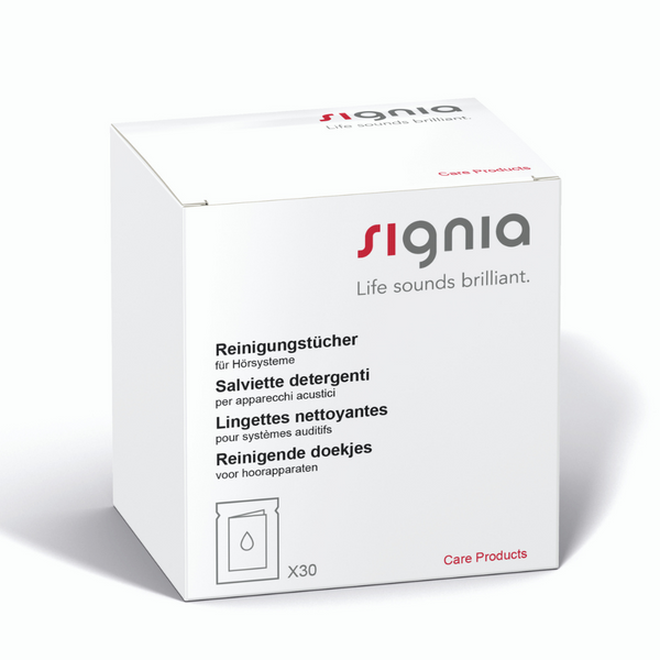A box of 30 Signia cleaning wipes