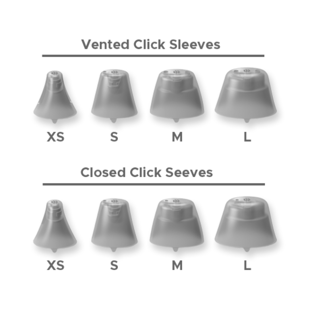 Product chart of dark colored click sleeve dome types for Signia Hearing aids