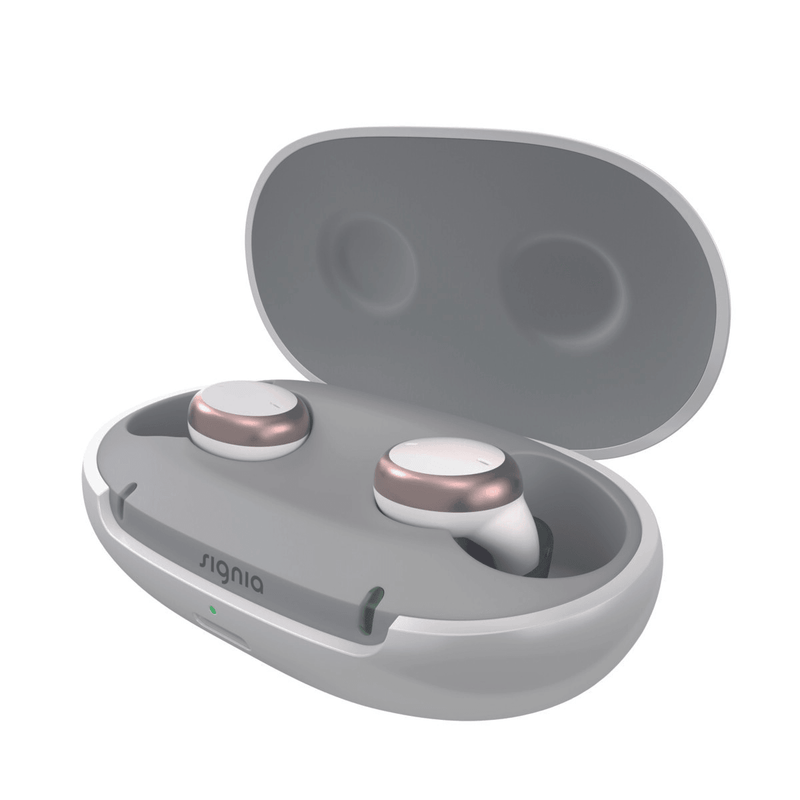 A single Signia Active Pro 7X Color White & Violet Hearing Aids with AUZEN charging in an open nomad case