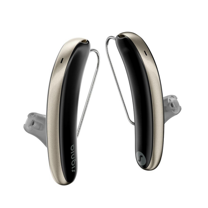 A pair of aesthetic black and gold Signia Styletto 3AX hearing aids