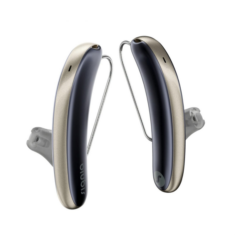 A pair of aesthetic blue and gold Signia Styletto 3AX hearing aids