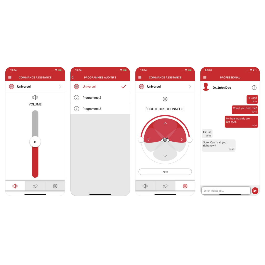 Different interfaces of the application of the Signia Styletto hearing aids for premium remote audiology service and support  by Auzen