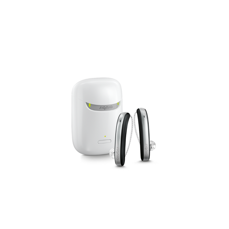 A pair of aesthetic black and silver Signia Styletto 3X/7X hearing aids with white portable charging case