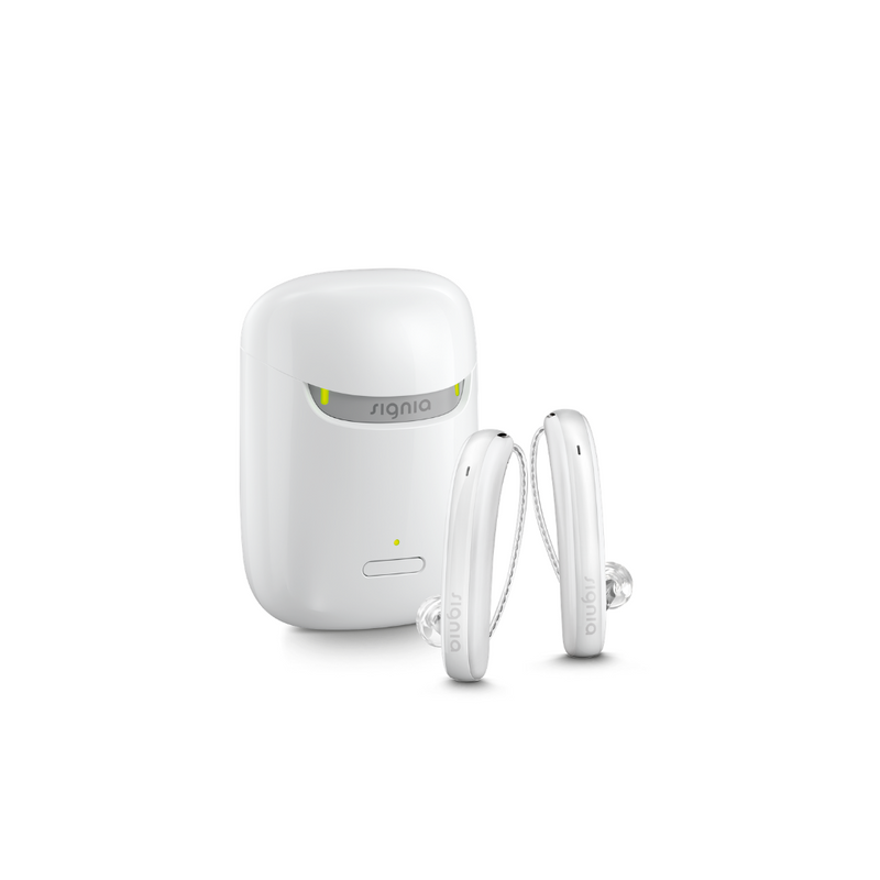A pair of white aesthetic Signia Styletto 3X/7X hearing aids with white portable charging case