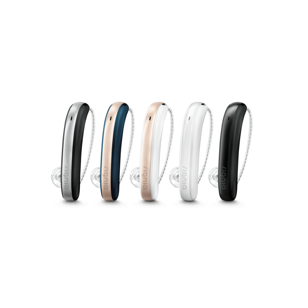 Five elegant Signia Styletto 3X/7X hearing aids in black/silver, blue/rose, white/rose, white and black for premium audiology service