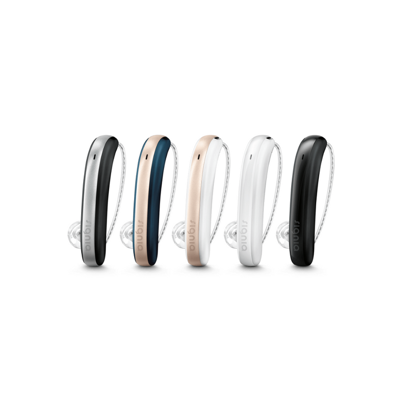 Five elegant Signia Styletto 3X/7X hearing aids in black/silver, blue/rose, white/rose, white and black for premium audiology service