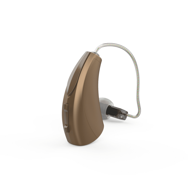 A pair of bronze aesthetic Starkey Evolv AI RIC R hearing aids with a zoom on the product