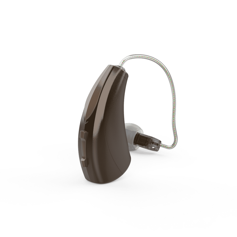 A Single brown hearing aid aesthetic Starkey Evolv AI RIC R with a zoom on the product