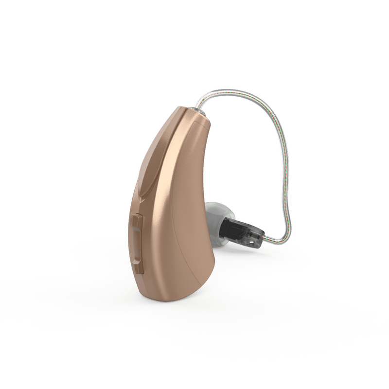 A Single pair of champagne aesthetic Starkey Evolv AI RIC R hearing aids with a zoom on the product