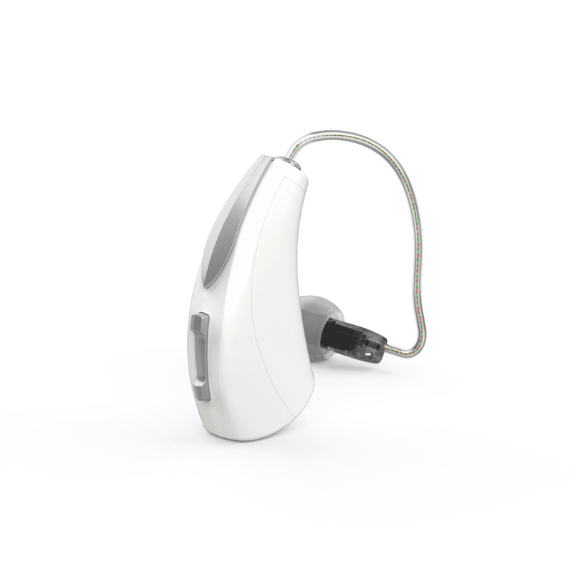 A Single pair of white aesthetic Starkey Evolv AI RIC R hearing aids with a zoom on the product